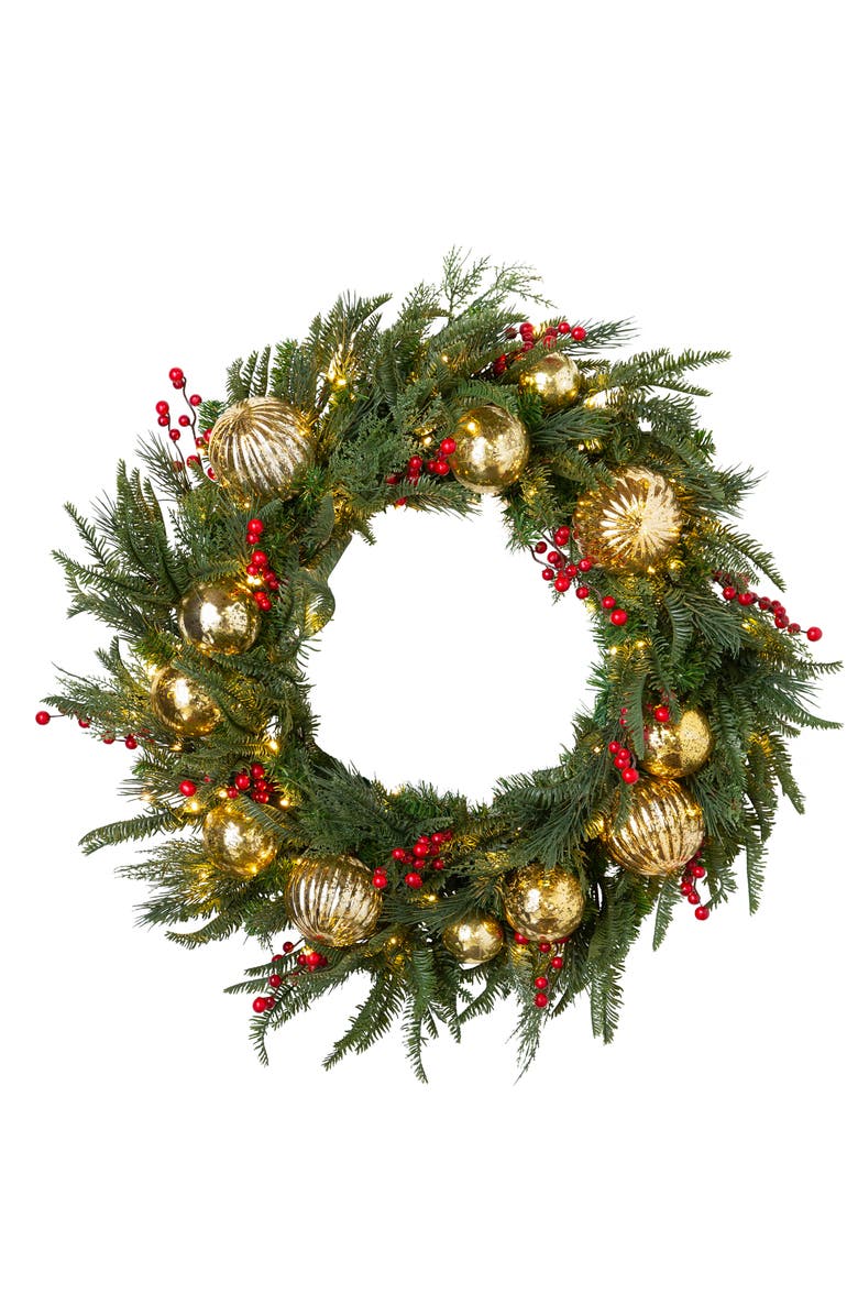 Balsam Hill Pine Peak Pre Lit Artificial Wreath, Main, color,