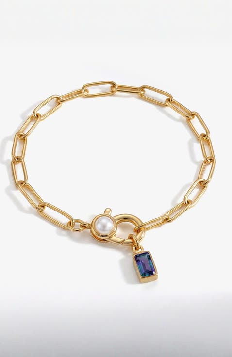 Paperclip Bracelet with Pearl Accent with Dainty Baguette Birthstone Charm