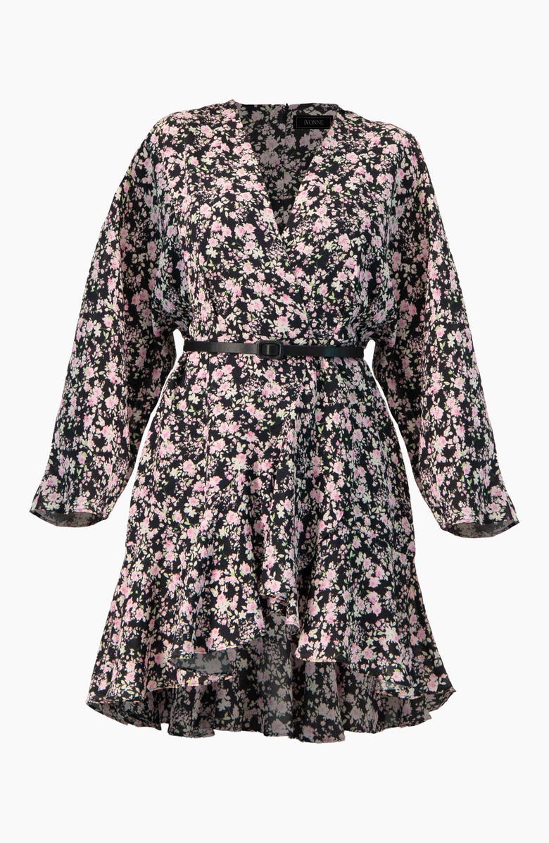 IVONNE Dolan Sleeve Short Floral V-Neck Dress, Alternate, color, Black