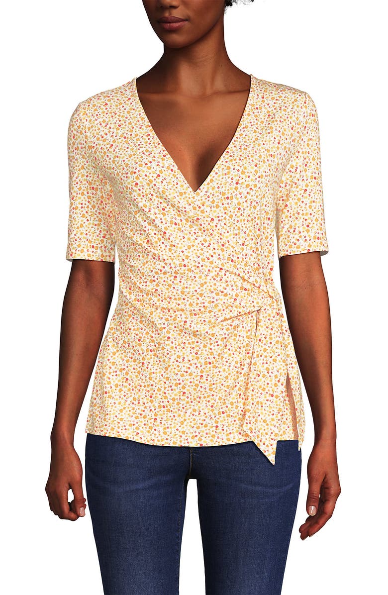 Lands' End Elbow Sleeve Lightweight Jersey Side Tie Blouse, Main, color, White/Periwinkle Tiny Stripe