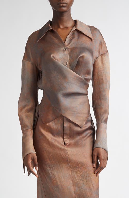 Grace Ling Stitches Convertible Silk Organza Wrap Shirt In Rust Brown