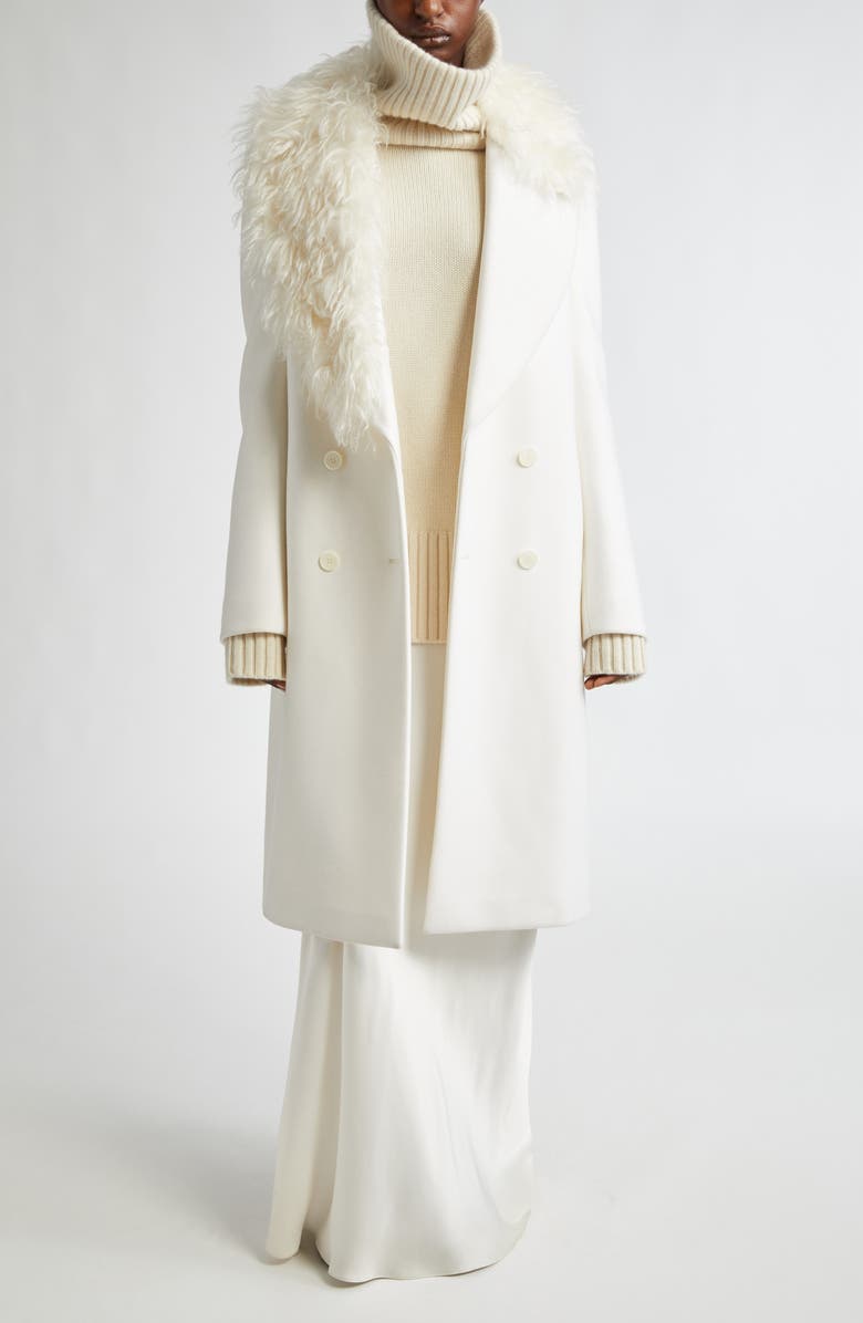 Michael Kors Collection Double Breasted Wool Melton Coat with Faux Fur Trim, Alternate, color, Ivory