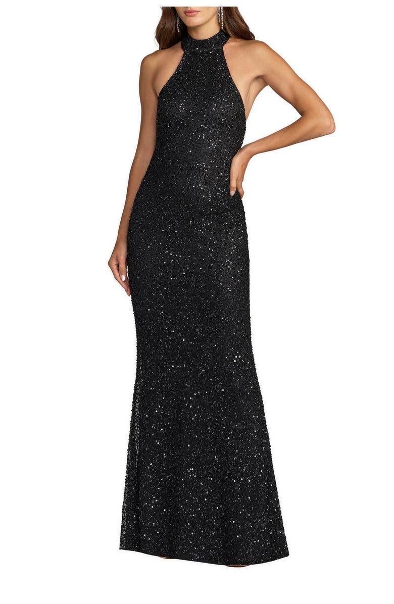 Mac Duggal Halter Neck Open Back Beaded Column Gown, Main, color, Black