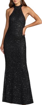 Mac Duggal Halter Neck Open Back Beaded Column Gown