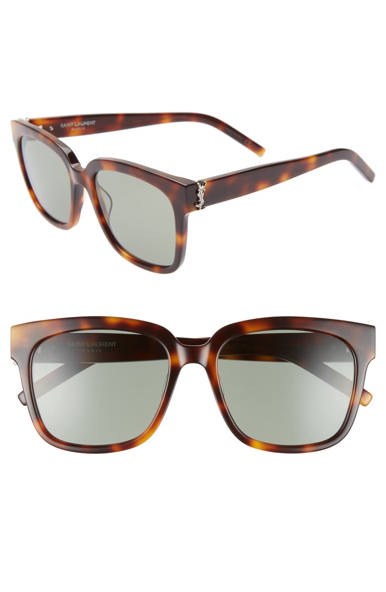 Saint Laurent 54mm Square Sunglasses, Alternate, color, Havana/ Green