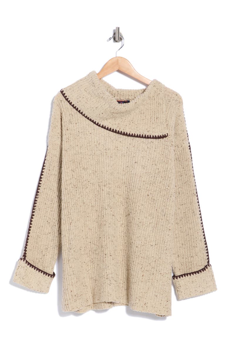 Whipstitch Mock Neck Sweater, Main, color, CAMEL HTHR/ CHOC PLUM