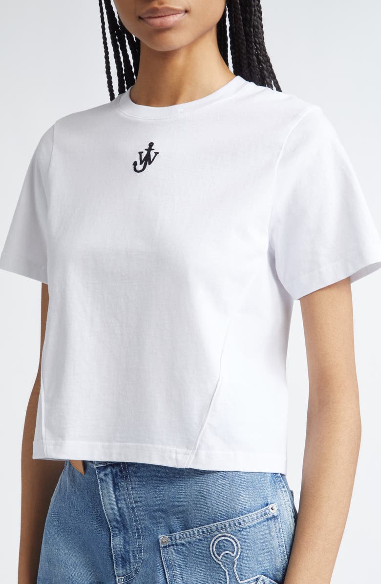 JW Anderson Panelled Anchor Embroidered Crop T-Shirt, Alternate, color, White