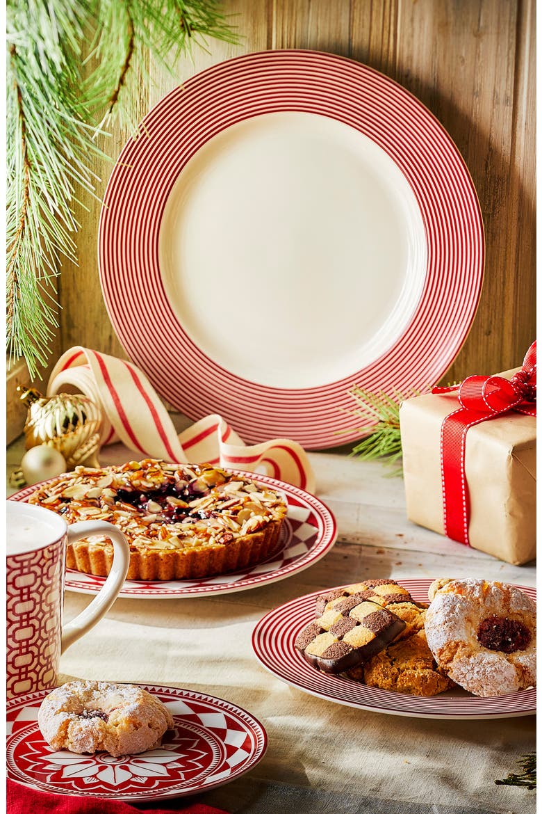 Newport Crimson Stripe Rimmed Dinner Plate  - Porcelain - Set 4, Alternate, color, RED