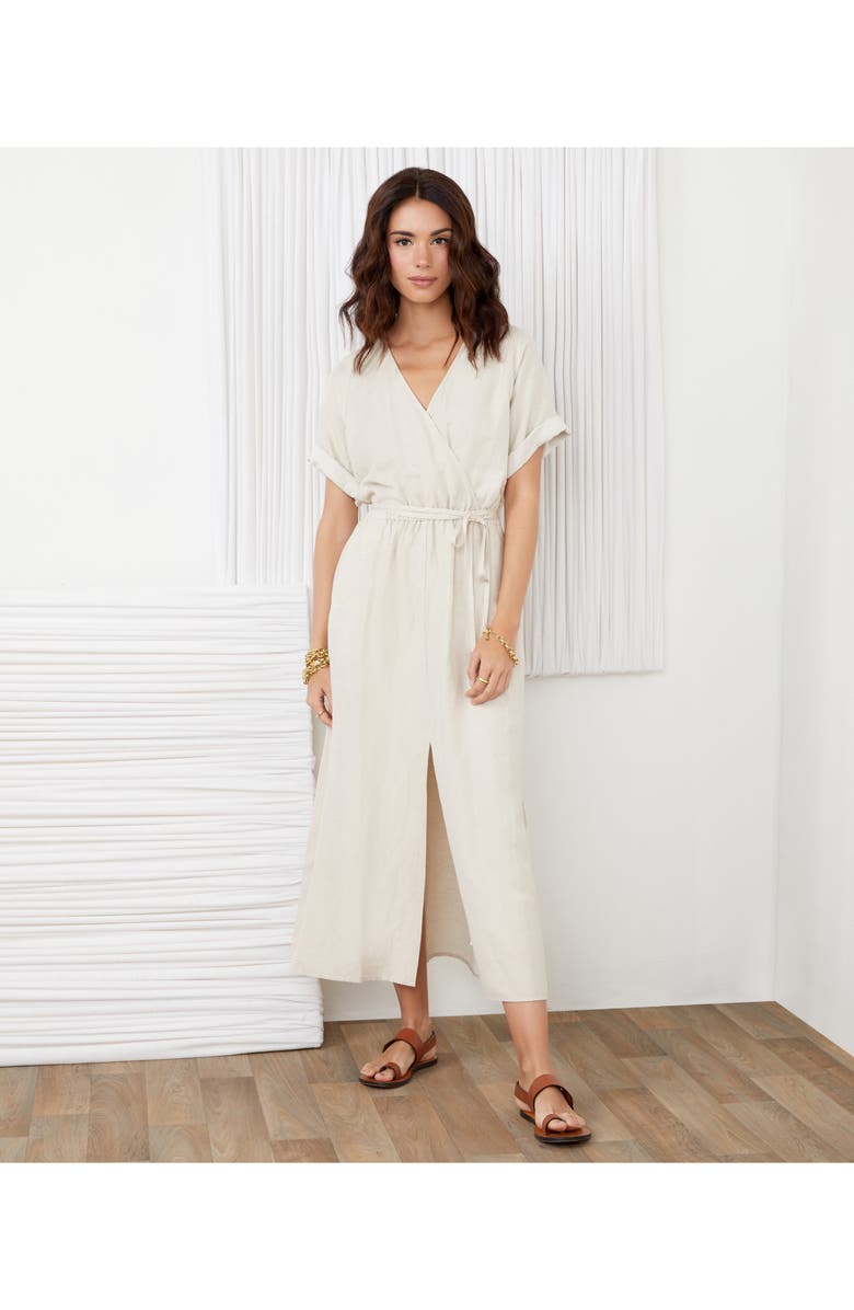 Karen Kane Cuff Sleeve Linen Blend Faux Wrap Dress, Alternate, color,