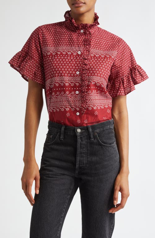 MILLE Vanessa Ruffle Detail Cotton Blouse in Raspberry Mosaic 