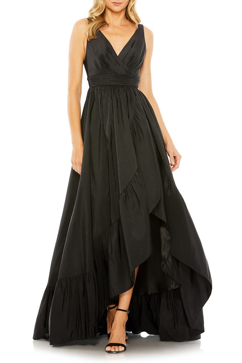 Sleeveless Taffeta High-Low Ruffle Gown, Main, color, BLACK