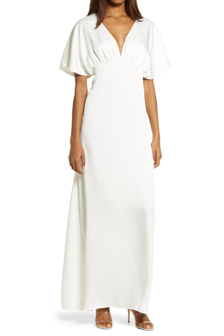 The Chiara Flutter Sleeve Satin Dress, Main, color, IVORY