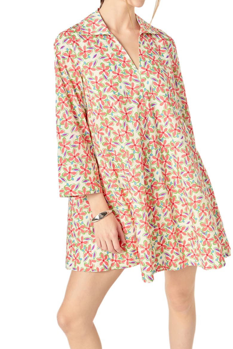 Floral Johnny Collar Cotton Trapeze Dress, Alternate, color, CREAM MULTI