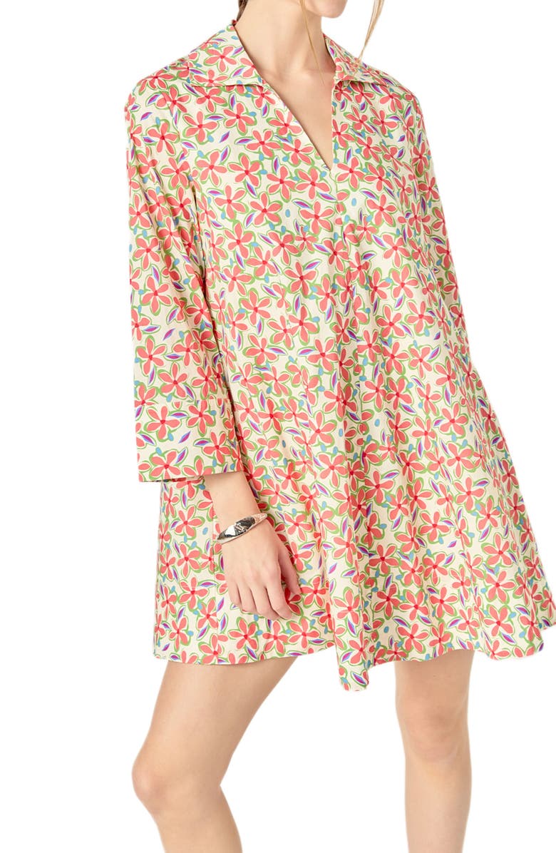English Factory Floral Johnny Collar Cotton Trapeze Dress, Alternate, color, Cream Multi