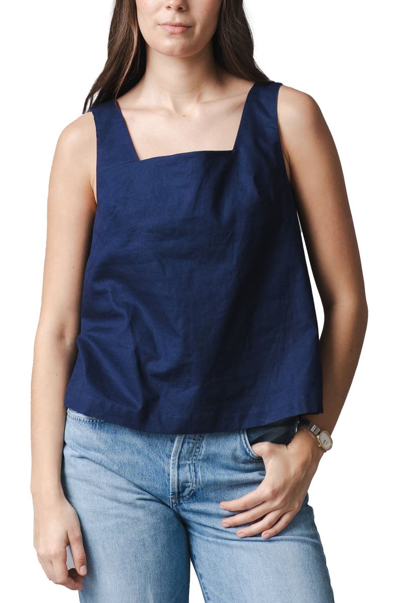 Hope & Henry Linen Square Neck Tank, Main, color, Navy Linen