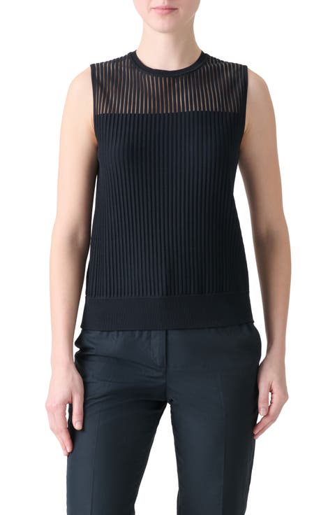 Sheer Stripe Silk & Cotton Blend Sleeveless Sweater
