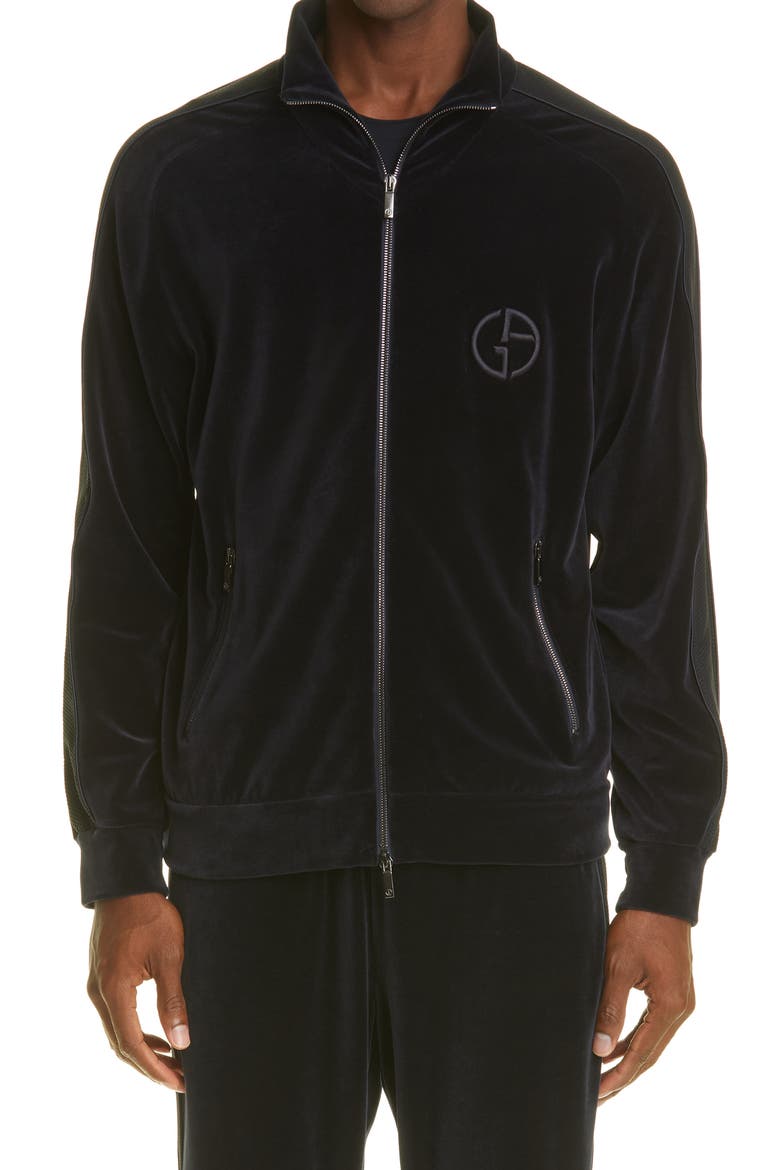 Monogram Logo Velvet Track Jacket, Main, color, BLACK