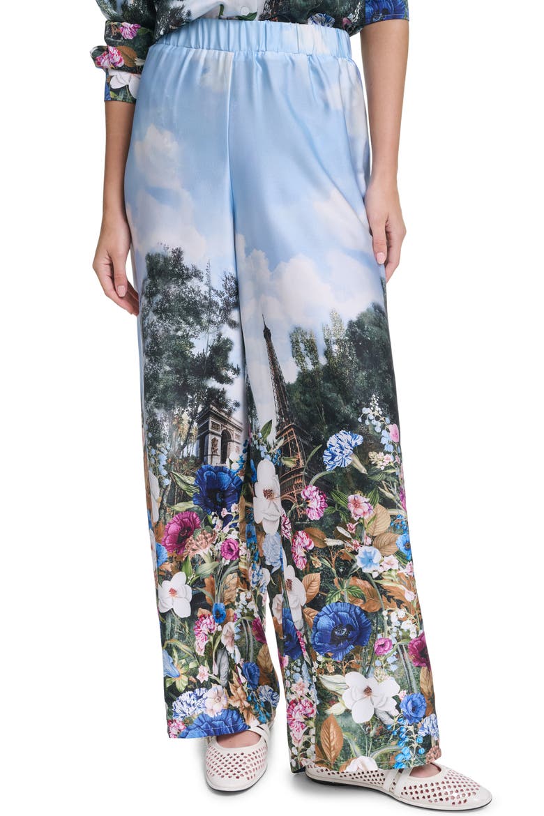 Paris Scene Print Wide Leg Pants, Main, color, STEEL BLUE MULTI