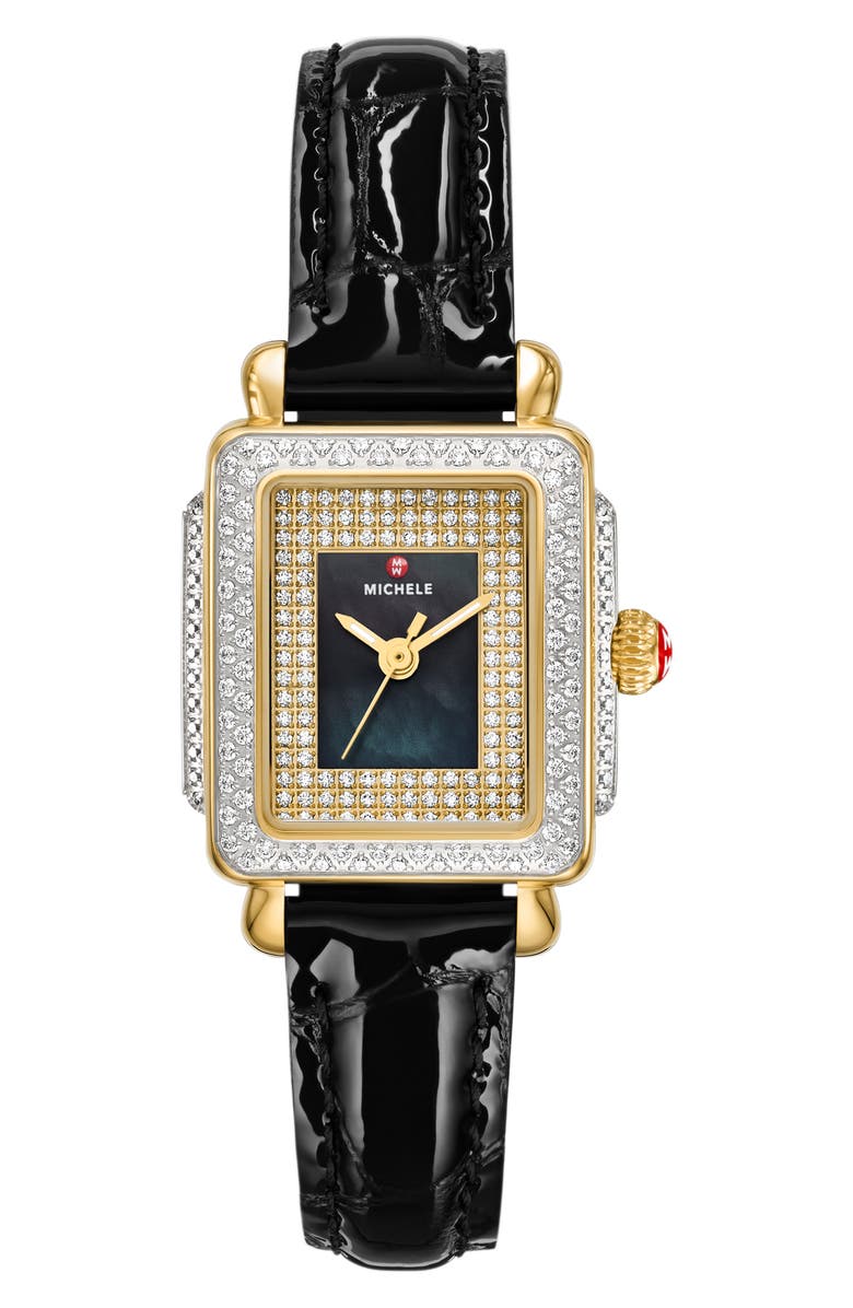 MICHELE Mini Deco Madison Special Edition Two-Tone 18K Gold Plate Diamond Pavé Leather Strap Watch, 23mm x 24mm, Main, color, Black