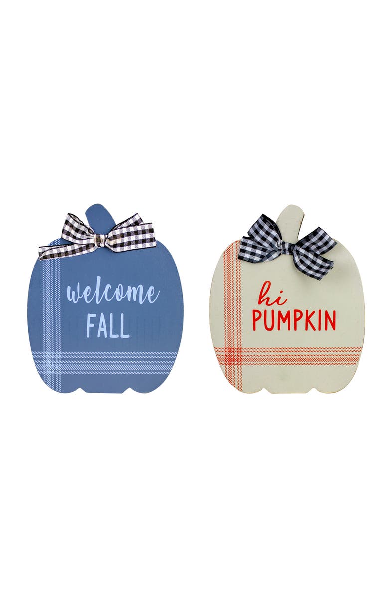 Northlight Fall Harvest Wooden "Hi Pumpkin" and "Welcome Fall" Plaques with Bow - 8" - Set of 2, Main, color, Blue