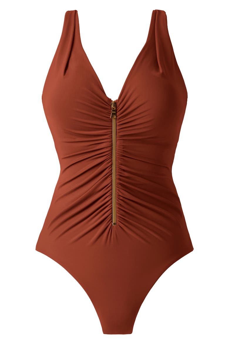 Razzle Dazzle Zip-Up One-Piece Swimsuit, Alternate, color, COPPER BROWN