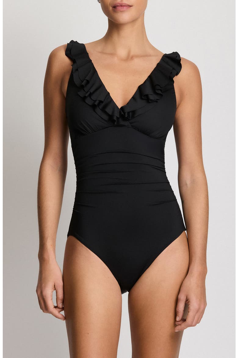 Ruffle Underwire One-Piece Swimsuit, Main, color, BLACK
