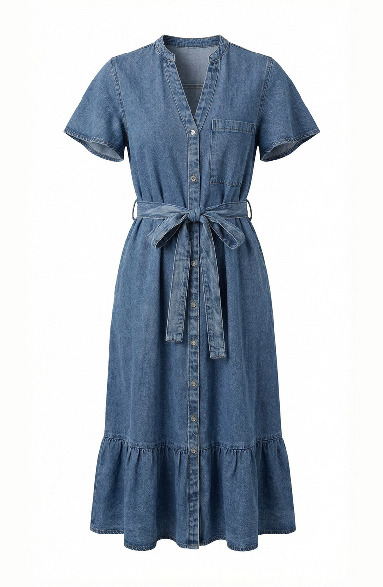 Modenaire Belted Denim Ruffle Hem Dress, Alternate, color, Medium Wash Blue