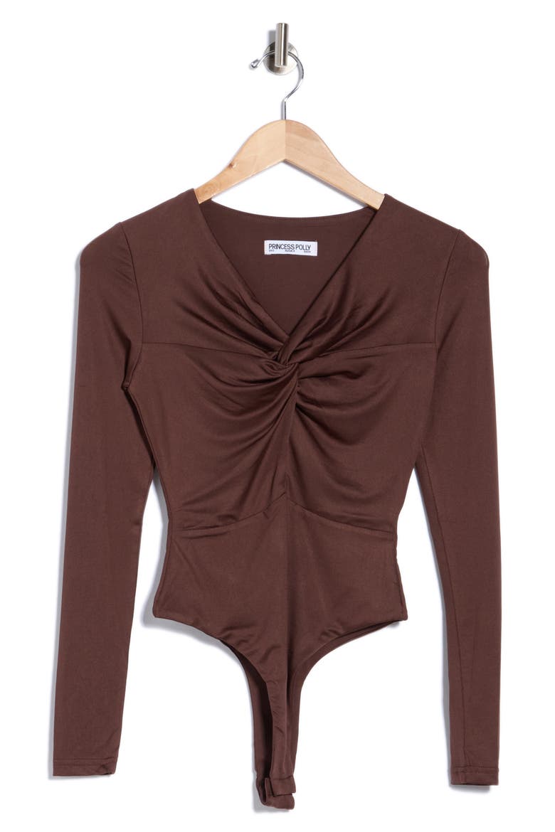 Vennie Twist Front Long Sleeve Bodysuit, Main, color, BROWN