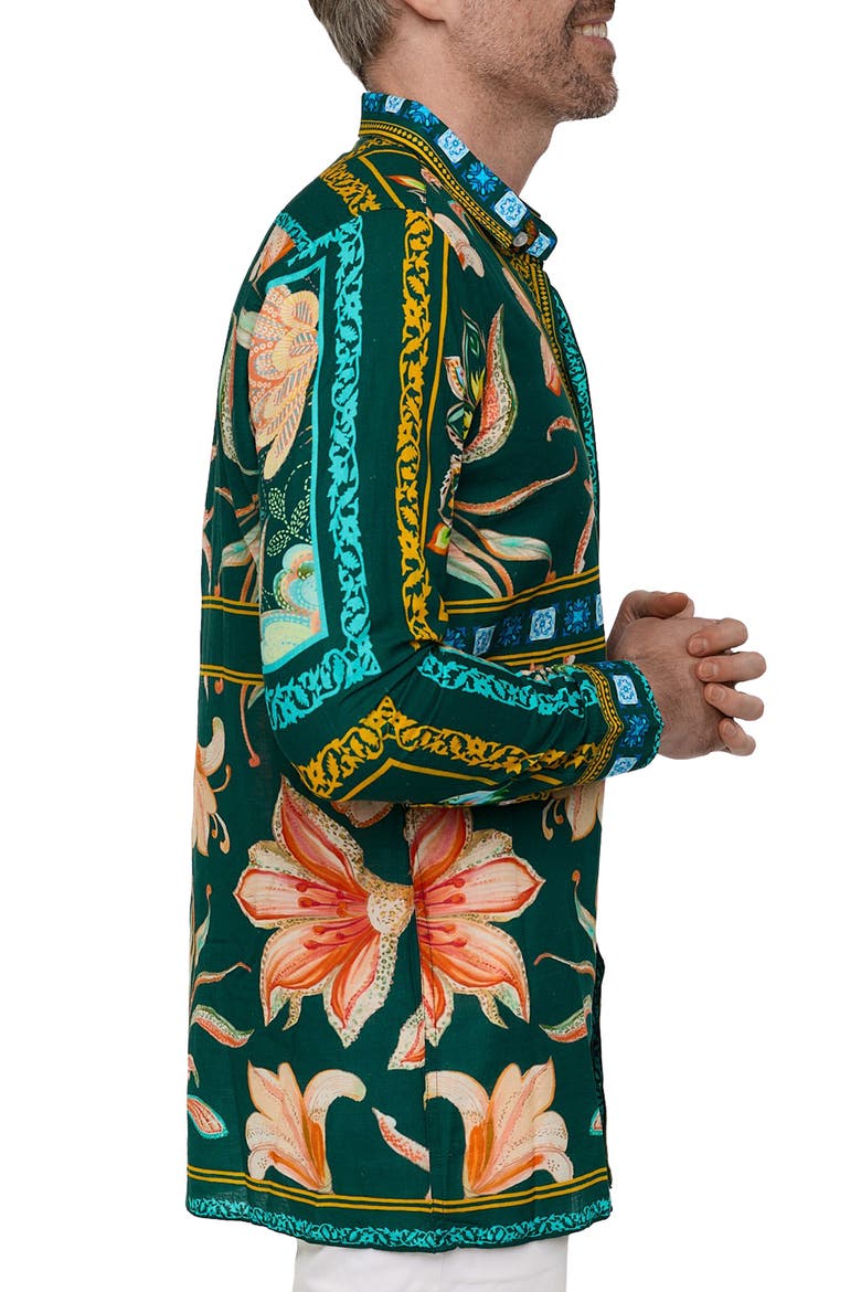 Extra Trim Fit Print Linen & Cotton Button-Up Resort Shirt, Alternate, color, GREEN