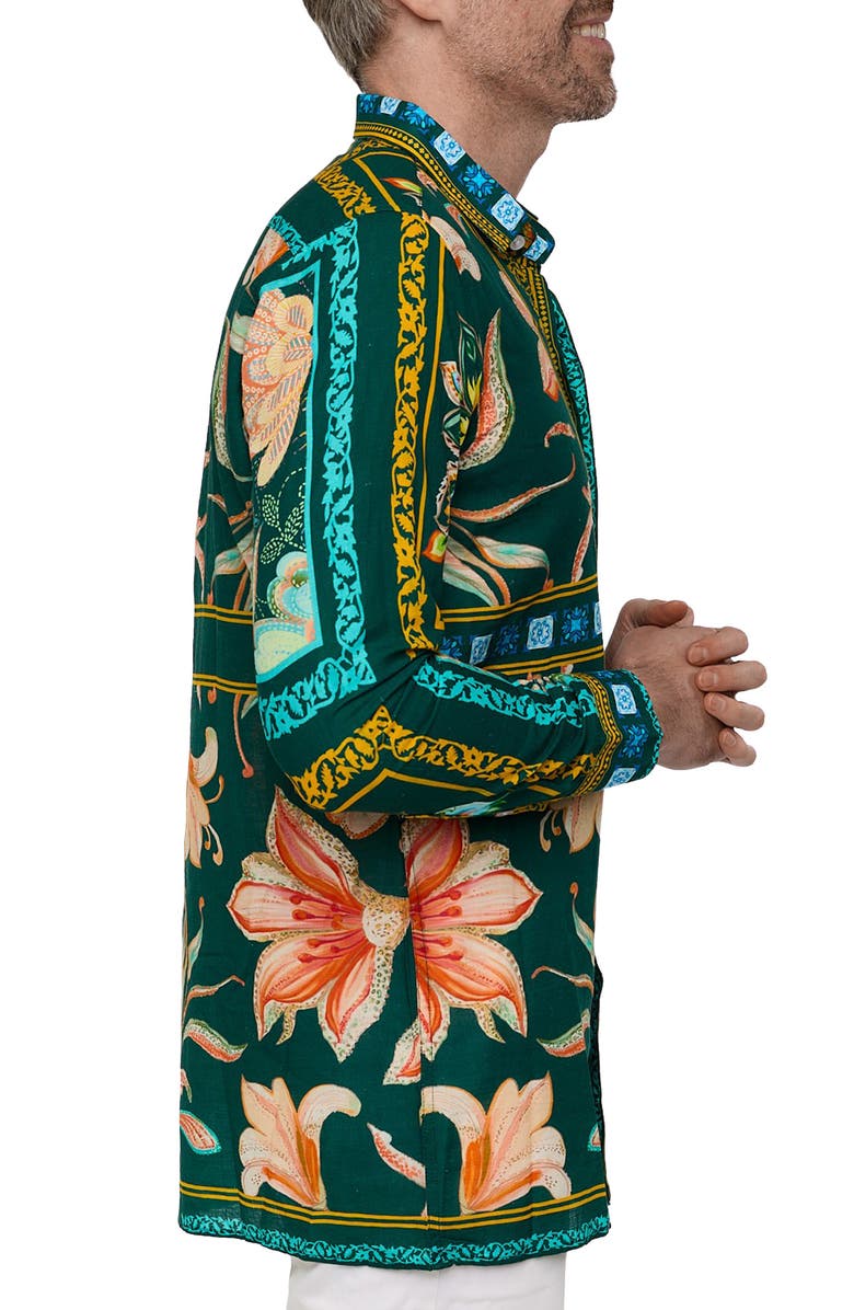 RANEES Extra Trim Fit Print Linen & Cotton Button-Up Resort Shirt, Alternate, color, Green