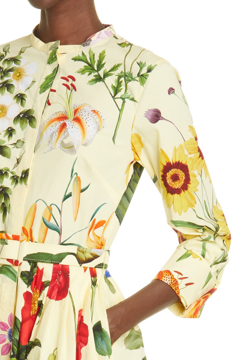 Oscar de la Renta Belted Button Front Three Quarter Sleeve Stretch Cotton Midi Dress, Alternate, color, 