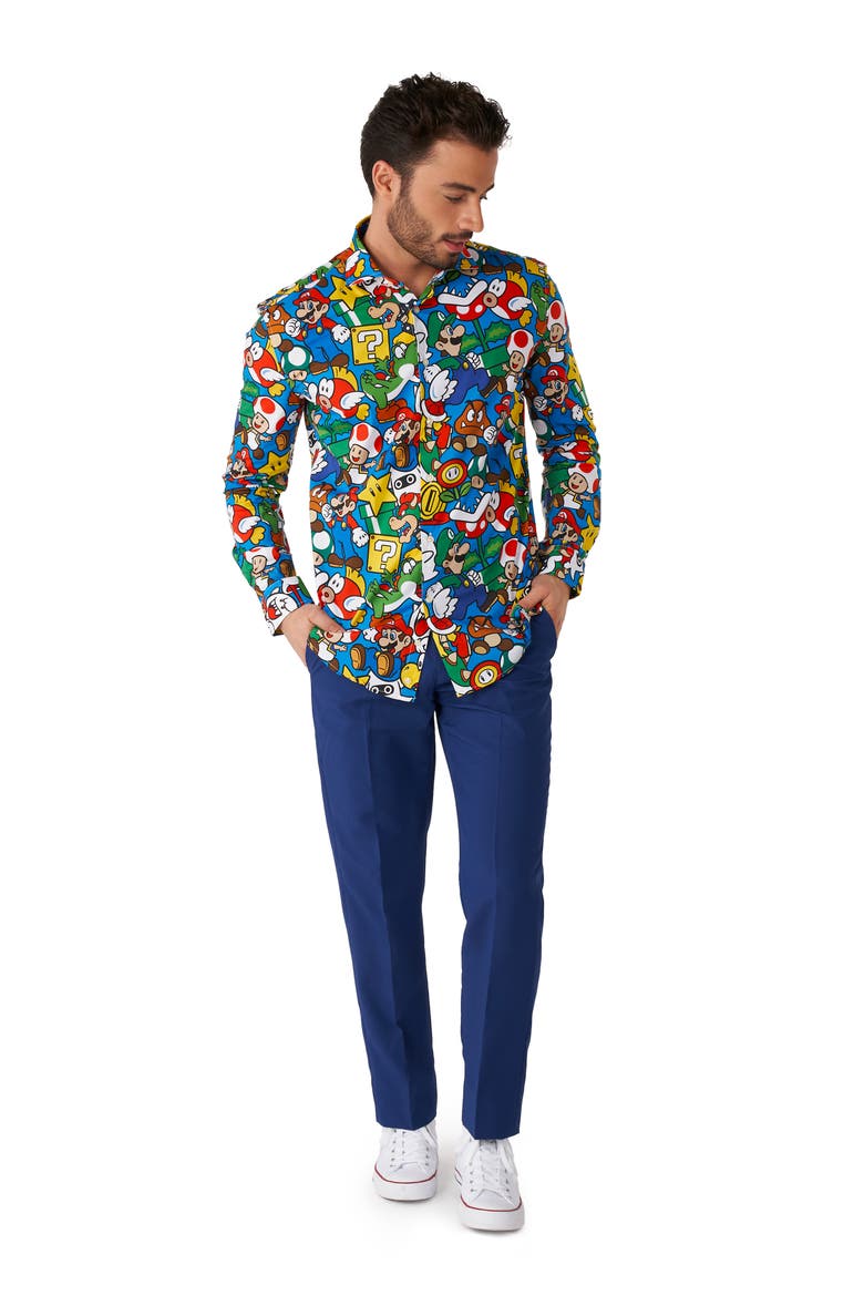 Super Mario Button-Up Shirt, Alternate, color, BLUE