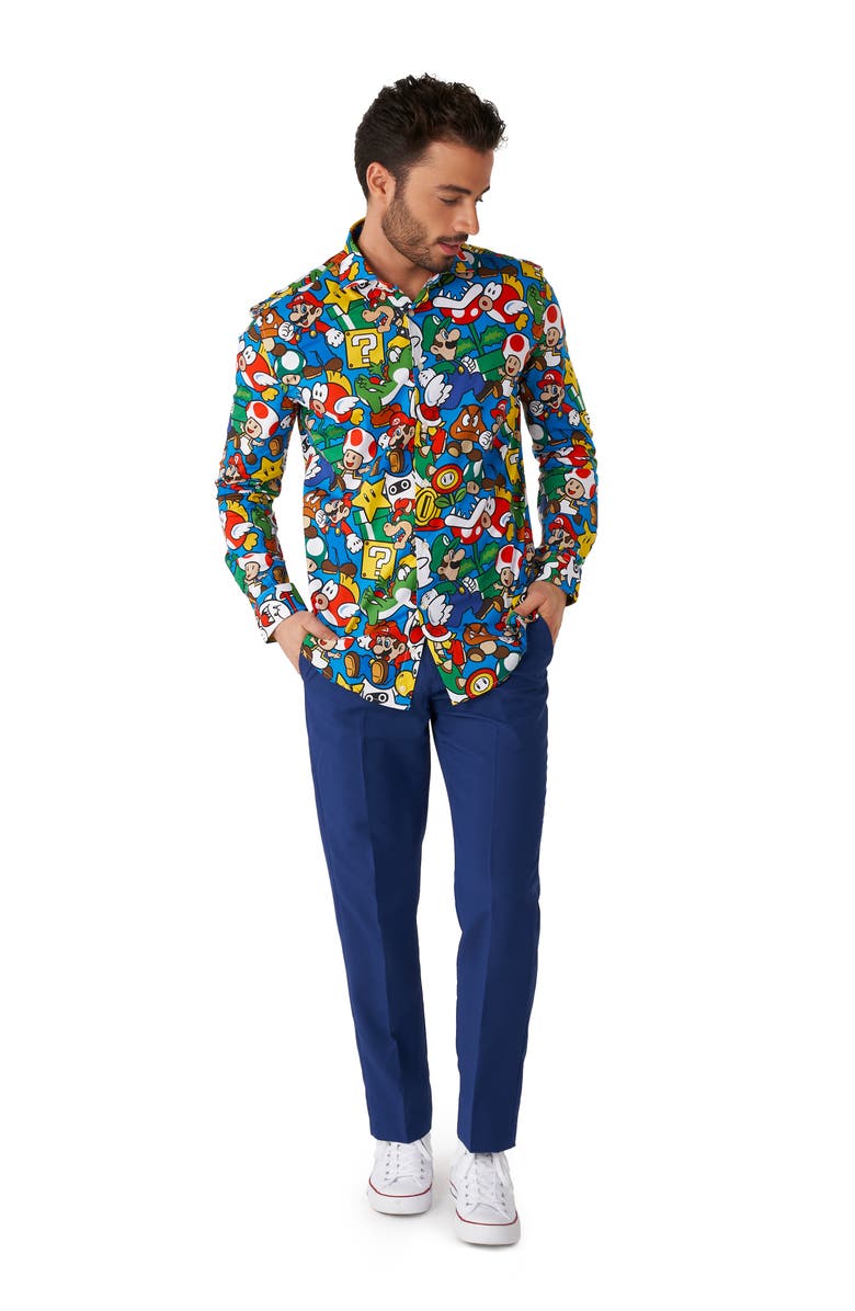 OppoSuits Super Mario Button-Up Shirt, Alternate, color, Blue