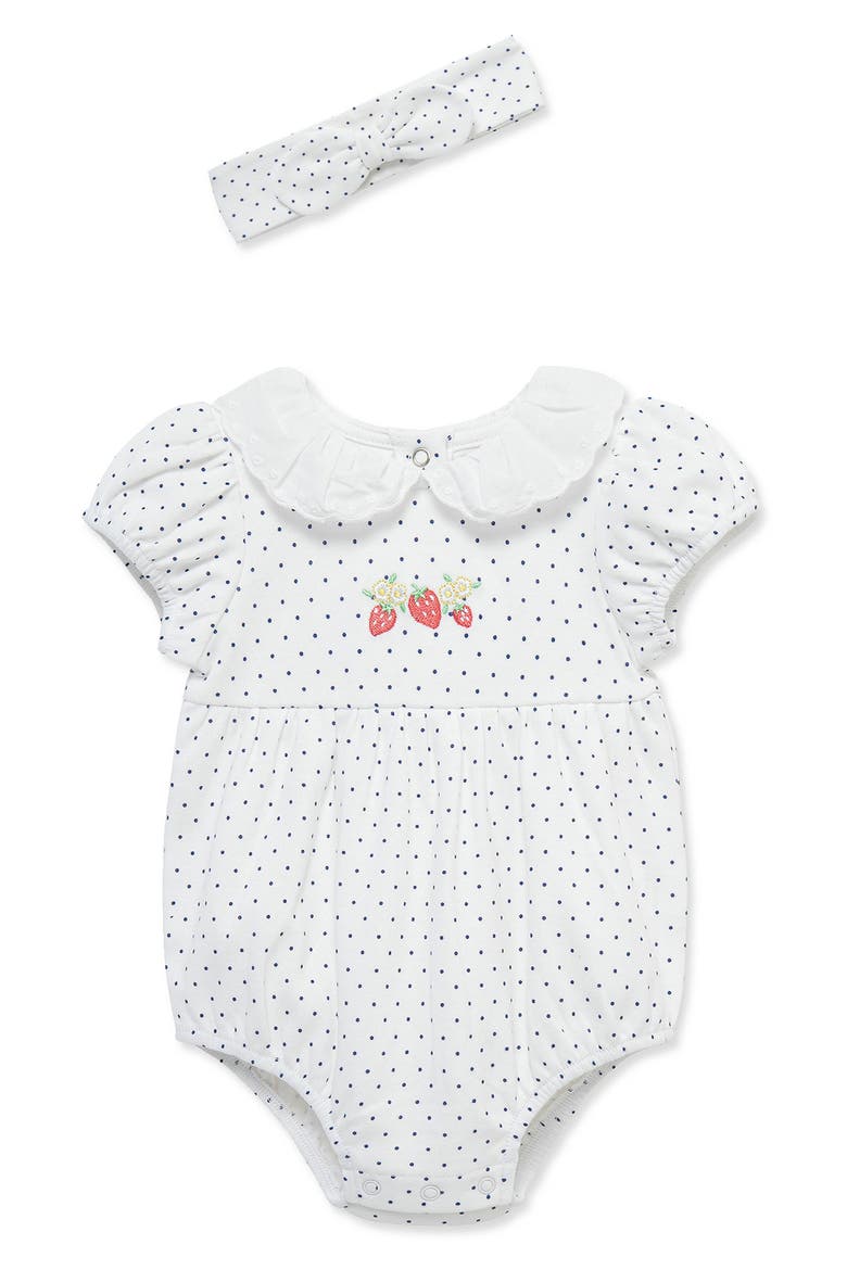 Strawberry Polka Dot Romper & Headband Set, Main, color, WHITE/ BLUE