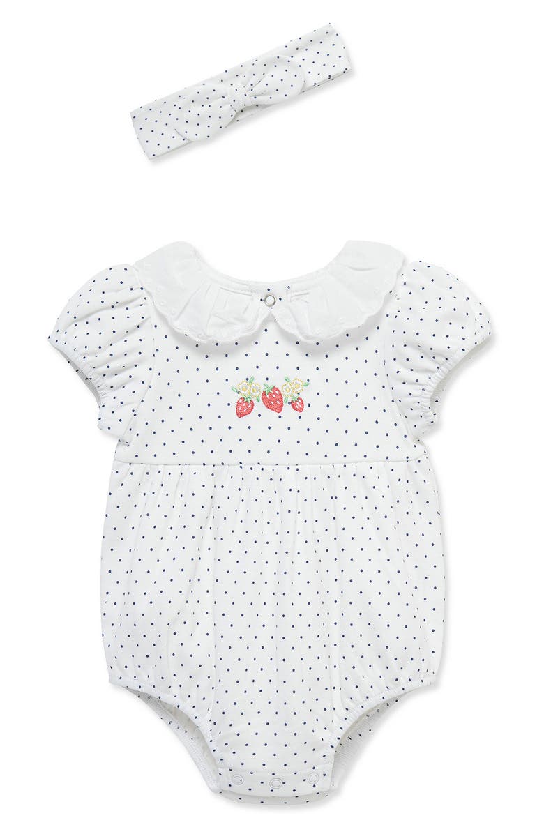 Little Me <p>Strawberry Polka Dot Romper & Headband Set </p>, Main, color, White/ Blue