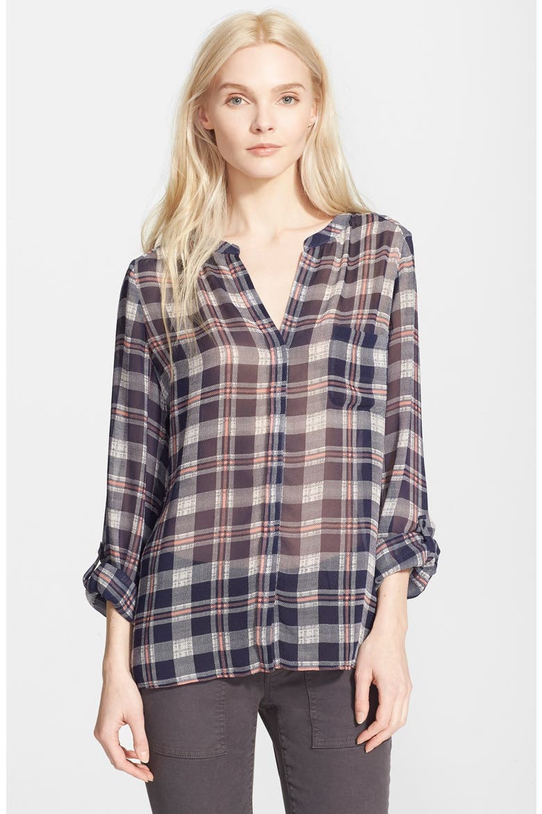 'Nura' Plaid Silk Blouse, Main, color, DARK NAVY/ VINTAGE ROSE