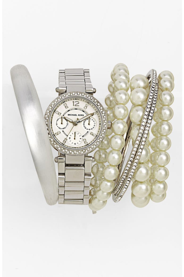 Glass Pearl Stretch Bracelets, Main, color, WHITE PEARL/ SILVER