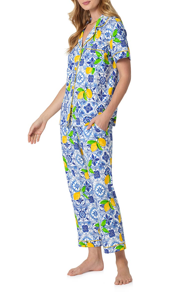 Print Stretch Organic Cotton Jersey Crop Pajamas, Alternate, color, AZURE SUMMER