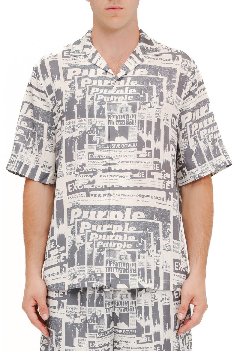 Tabloid Print Short Sleeve Button-Up Shirt, Main, color, IVORY/ GREY MULTI
