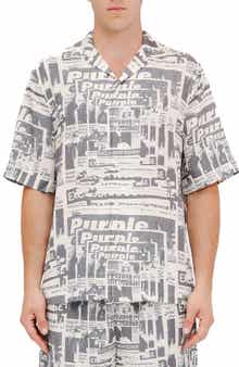 PURPLE BRAND Tabloid Print Short Sleeve Button-Up Shirt