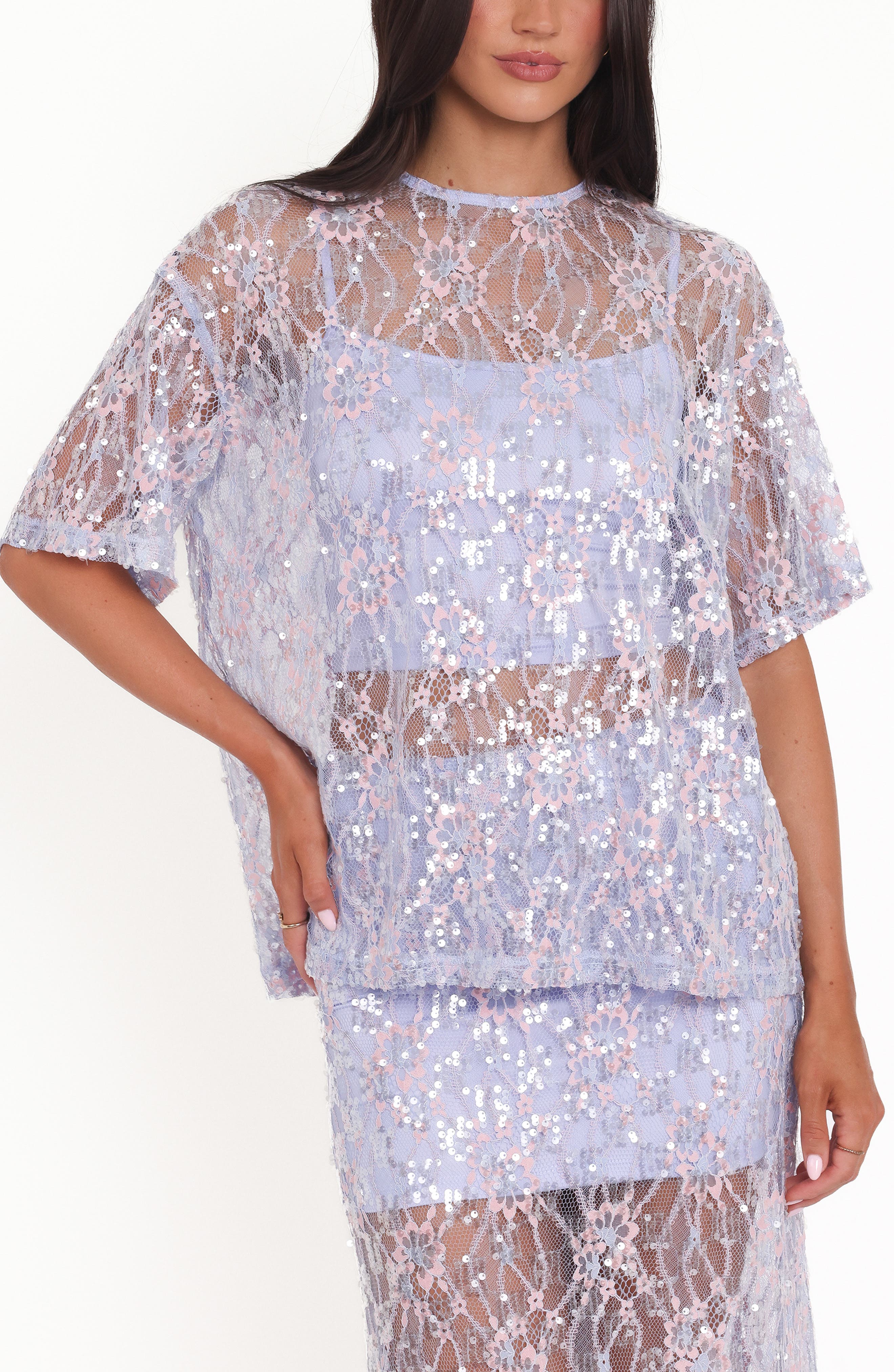 Yonder Oversize Check Sequin Floral Lace Top - image 3