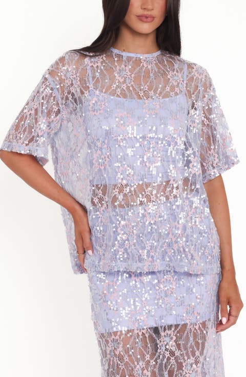 Yonder Oversize Check Sequin Floral Lace Top