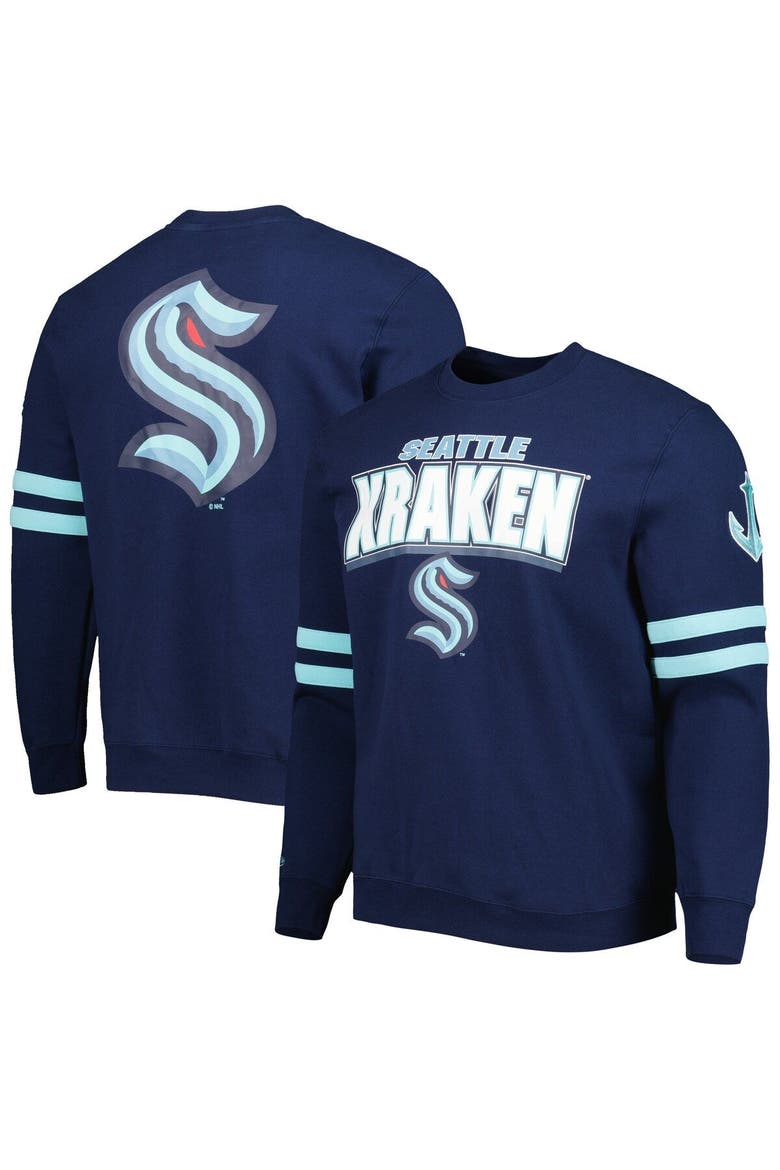 Men's Mitchell & Ness Deep Sea Blue Seattle Kraken Allover Logo Pullover Sweatshirt, Main, color, Navy