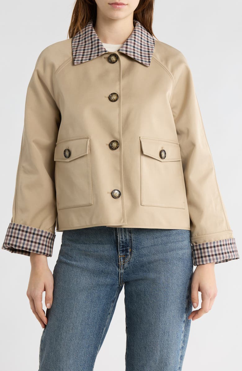 Bernardo Short Raincoat, Main, color, Khaki / Check Print