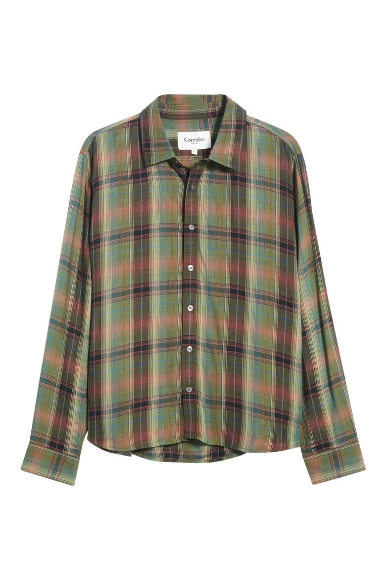 Homestead Long Sleeve Plaid Rayon Shirt, Main, color, ARMY
