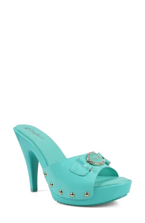 ブルー　サンダル　CANDIE’S Vintage Candie's Sandals Faux Wood Block Clogs Blue Jelly
