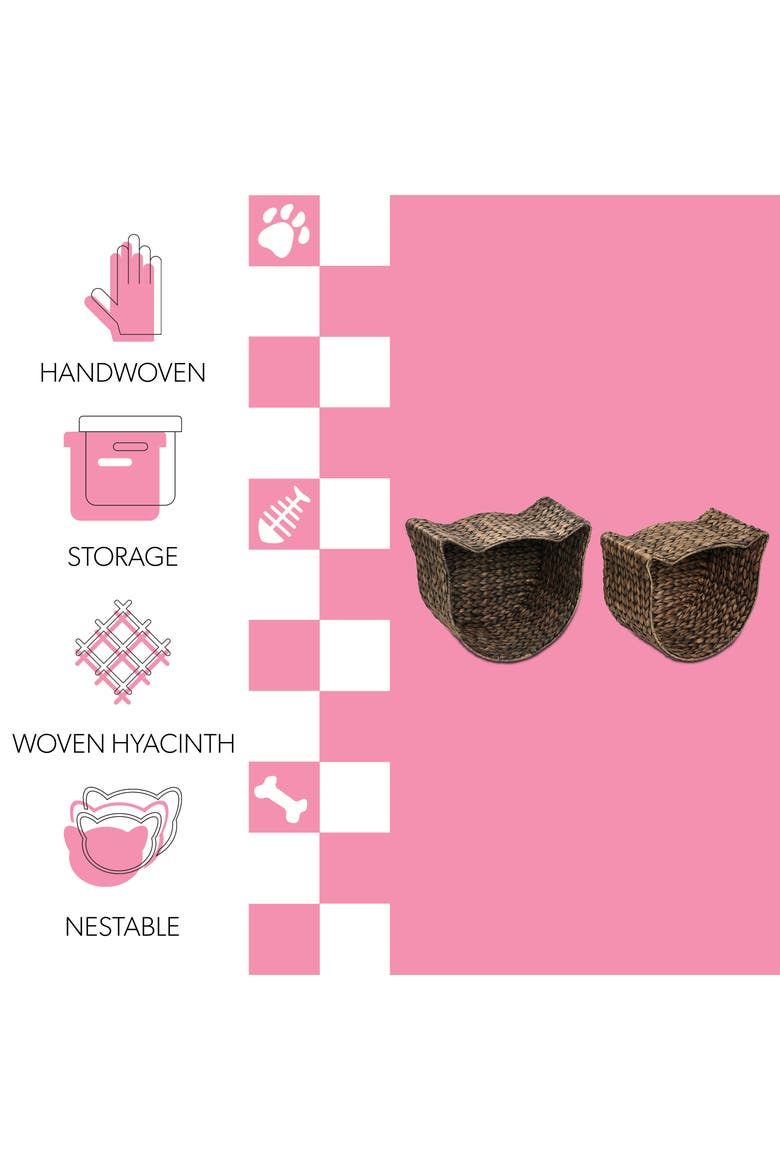 Felix Cat-Shaped Hand Woven Water Hyacinth Nesting Pet Toy Organizer Baskets, Alternate, color, Brown