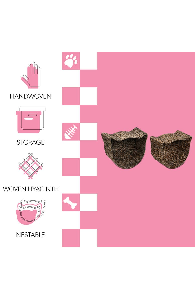 The Licker Store Felix Cat-Shaped Hand Woven Water Hyacinth Nesting Pet Toy Organizer Baskets, Alternate, color, 