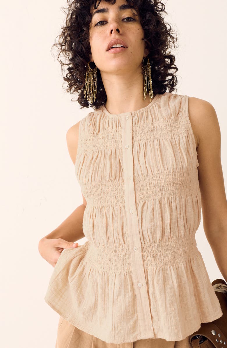 PER UNA BY M&S Shirred Button Top, Alternate, color, Ecru Brown