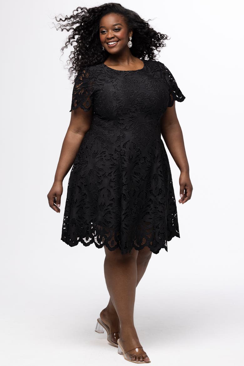 plus size club dress Celebrations by Sydney's Closet Women's Lace Little Black Party with Cap Sleeve Round Neck Sleeve Type Plus Size Party Sequin Batwing